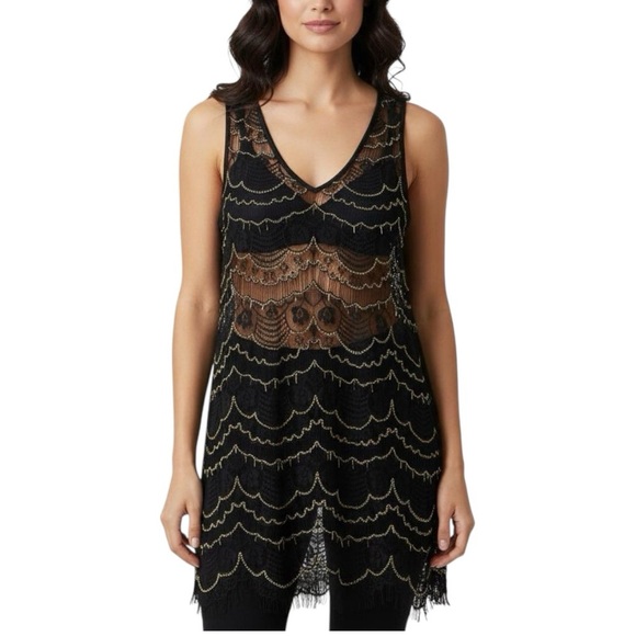 Love & Legend Black Lace With Gold Silver  Beading Sheer Sleeveless Top Large - Picture 1 of 12
